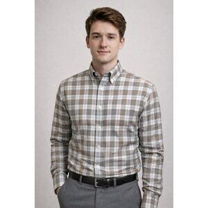 Theory Tan Plaid Button-Down Shirt Mens Small 100% Cotton Long Sleeve